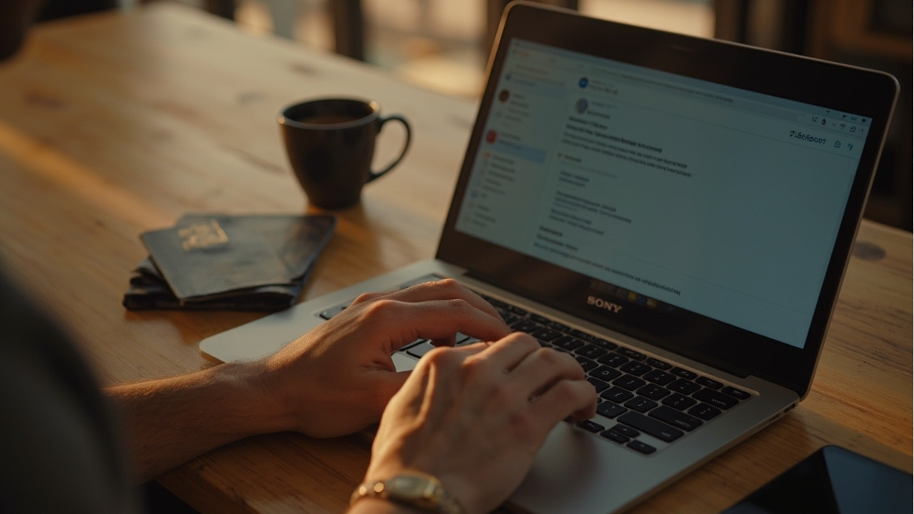 Close-up of hands on a laptop keyboard showing a generic email inbox with one highlighted payment receipt