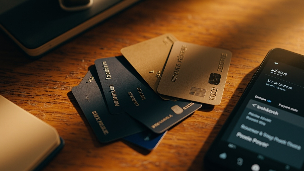 Overhead flat-lay of three generic credit and debit cards beside a smartphone showing a payment screen on a warm wooden desk