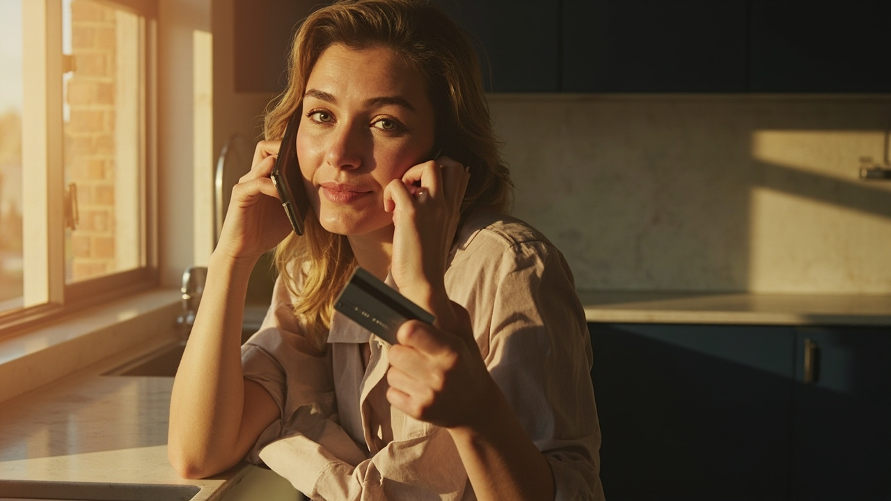 Australian traveller in their 30s on a phone call in a sunlit Sydney kitchen holding a credit card, calm body language