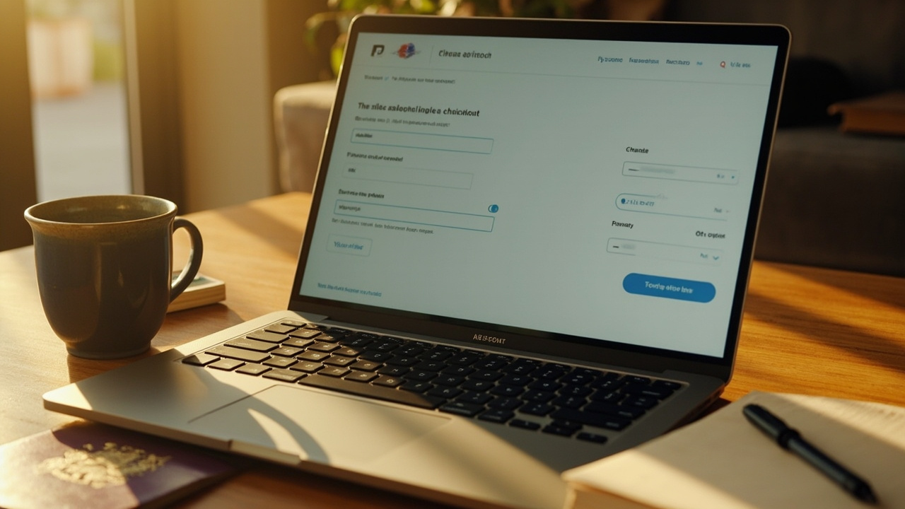Laptop showing a generic checkout user interface on a sunlit desk with text not legible, warm afternoon light