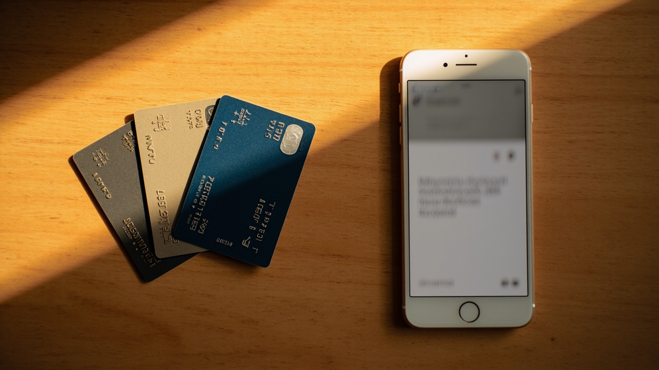 Overhead view of three generic credit and debit cards on a warm wooden desk beside a smartphone showing a generic decline UI