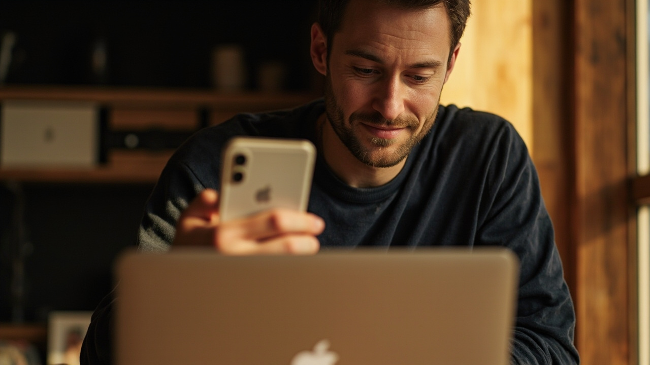 Australian traveller holding a smartphone over a laptop at a sunlit desk in warm afternoon light, calm relaxed body language