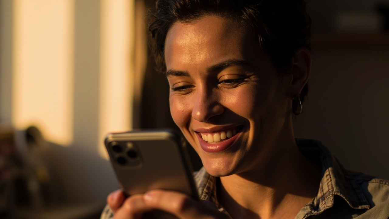Australian traveller smiling at a generic smartphone after a successful payment, calm relaxed body language in warm afternoon light
