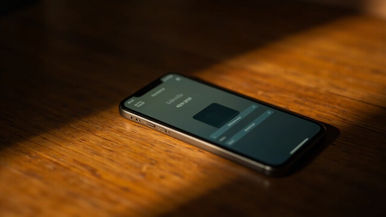 Close-up of a generic iPhone-style smartphone in warm light showing a soft unbranded wallet interface with text not legible