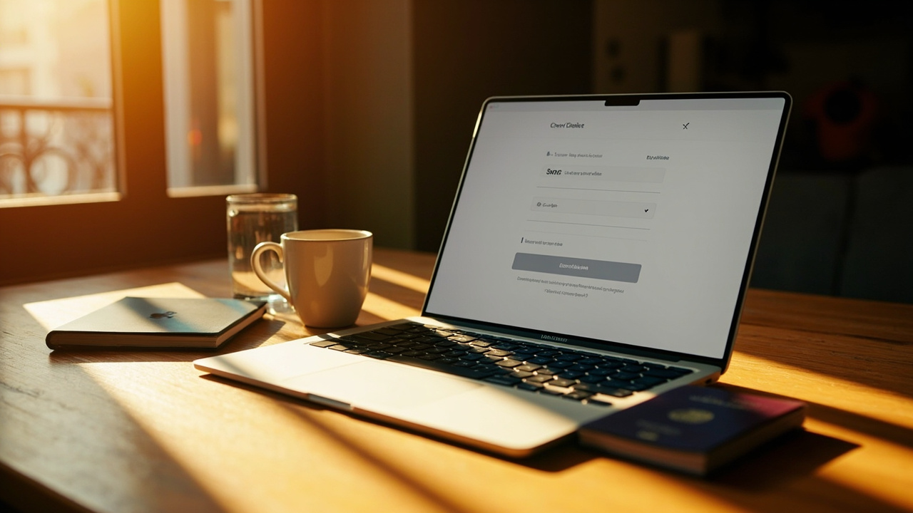 Laptop on a sunlit timber desk showing a generic checkout interface with soft unreadable text in warm afternoon light