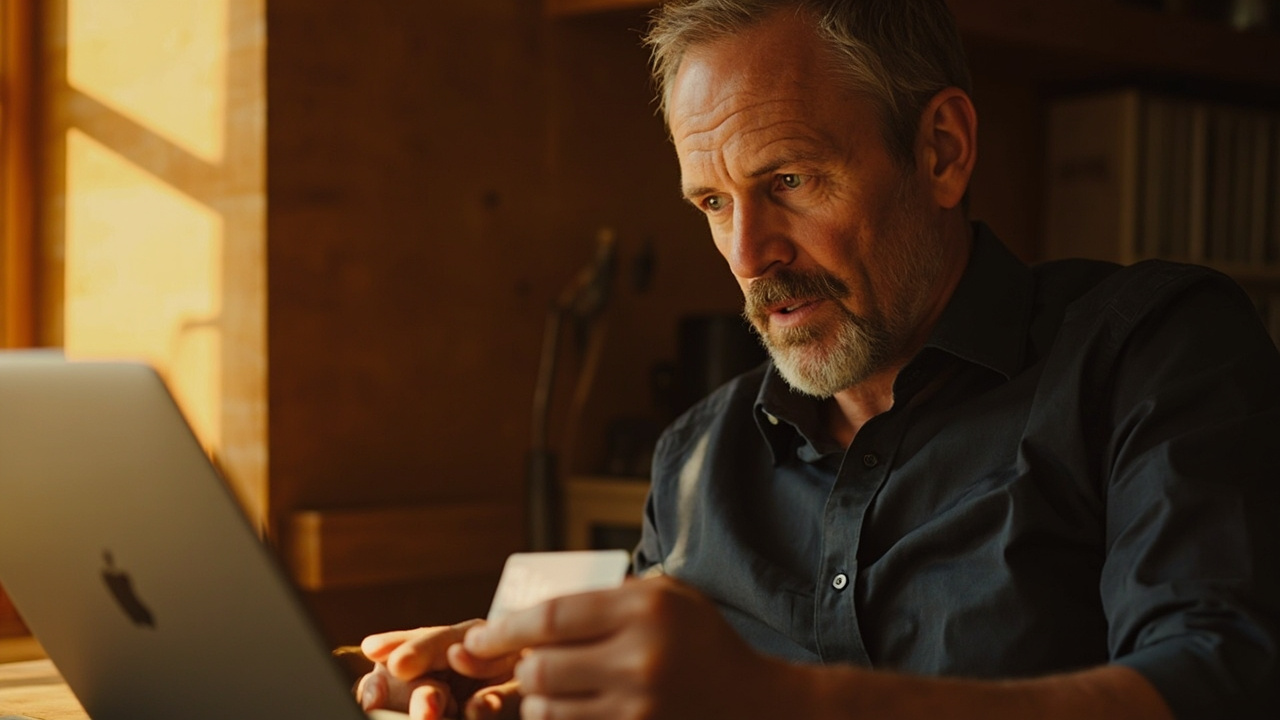 Australian traveller in their 40s holding a premium charge card above a laptop on a warm timber desk in golden afternoon light, calm prepared body language