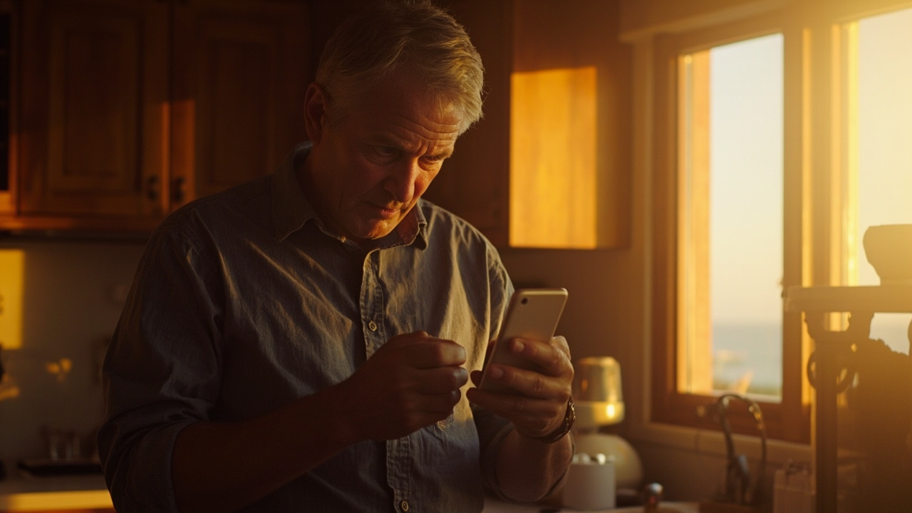 Australian traveller in their 40s calmly checking a generic smartphone at a kitchen bench in warm afternoon light, relaxed body language
