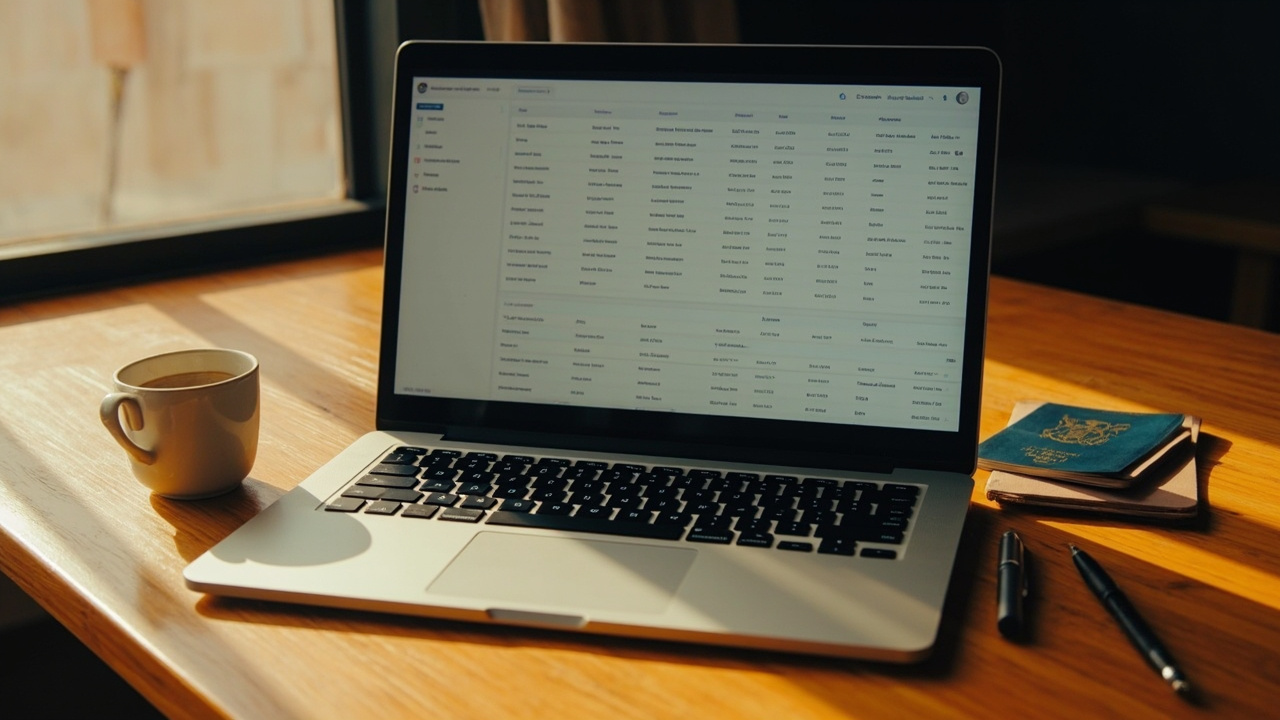 Open laptop on a warm timber desk showing a generic soft-focus statement-style interface beside a coffee mug in soft natural light