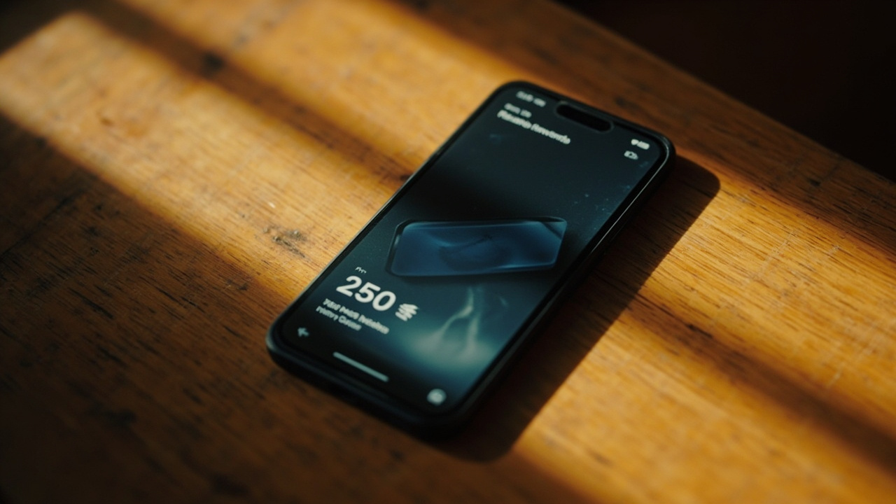 Close-up of a generic smartphone screen in warm light showing a soft unbranded rewards-style interface with text not legible