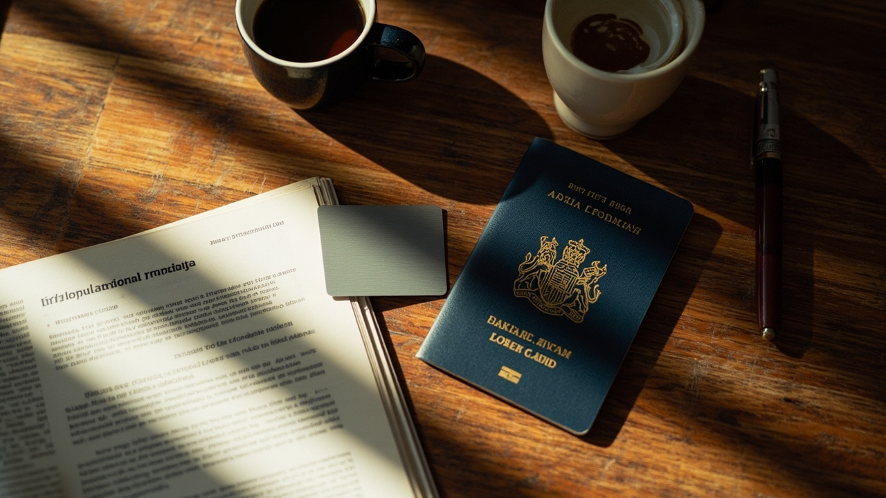 Top-down flat-lay of a plain unbranded premium-feel charge card resting on a warm timber surface beside an Australian passport in soft natural light