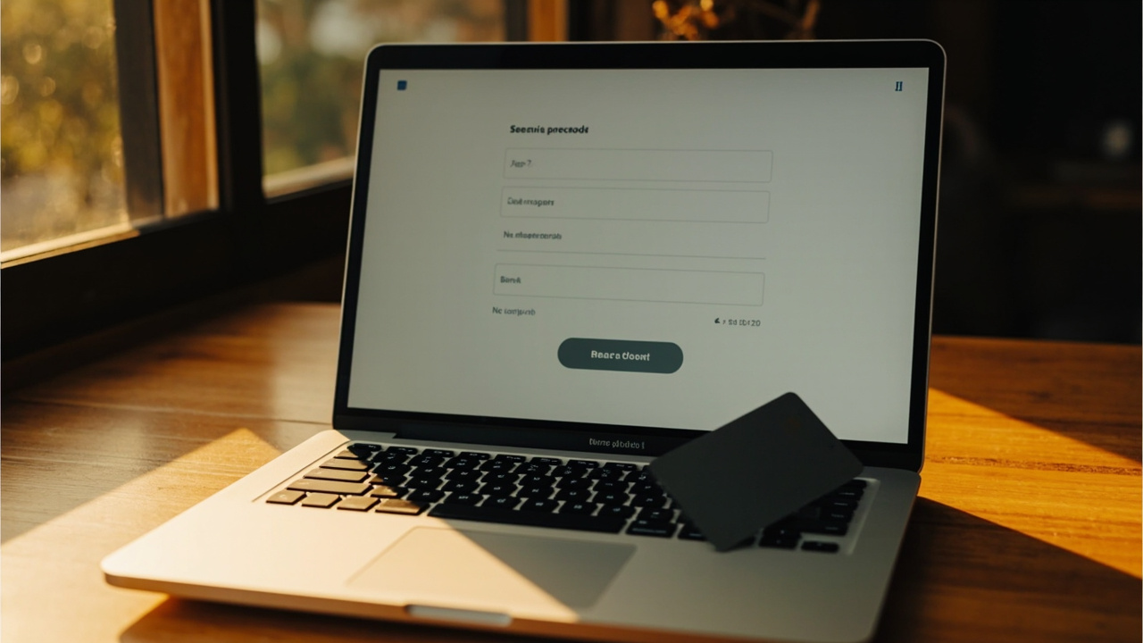 Open laptop on a warm timber desk showing a soft generic checkout interface beside a plain unbranded debit-style card in soft natural light
