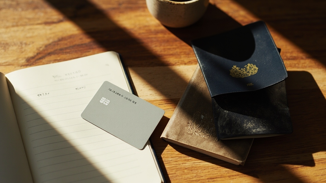 Top-down flat-lay of a plain unbranded matte debit-style card beside an Australian passport and a coffee mug on a warm timber surface