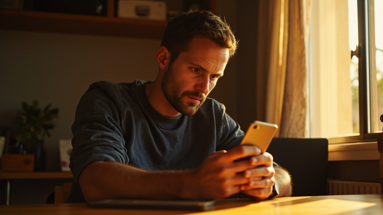 Australian traveller in their late 20s checking a generic smartphone with a slight concentrated expression at a sunlit timber desk in warm afternoon light