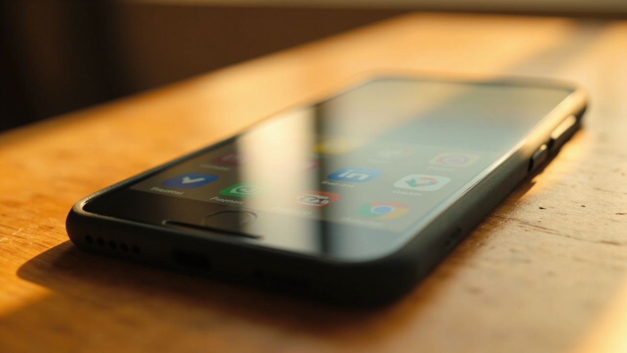Close-up of a generic smartphone home screen with abstract payment-app icons softly out of focus on a warm timber surface