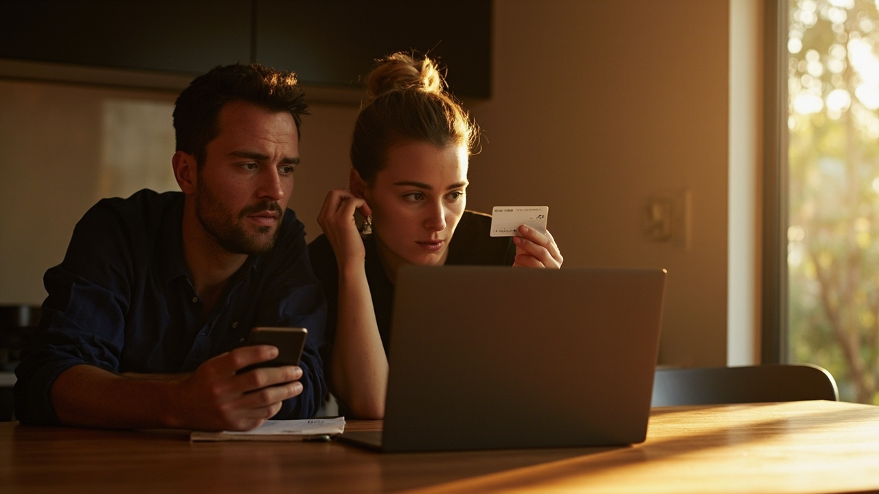 Australian couple in their thirties at a sunlit kitchen table, one holding a phone and the other a generic card, planning together