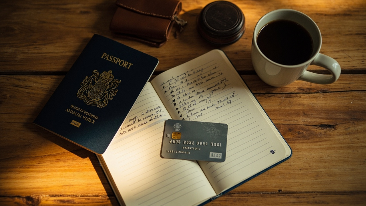 Overhead flat-lay of a closed Australian passport, a generic credit card, a notebook with budget figures and a small coin purse