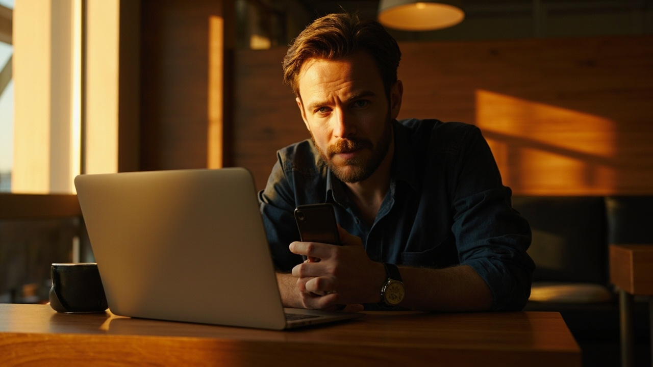 Australian traveller in their thirties at a sunlit timber desk with a smartphone in hand and a laptop showing a checkout, calm focused expression