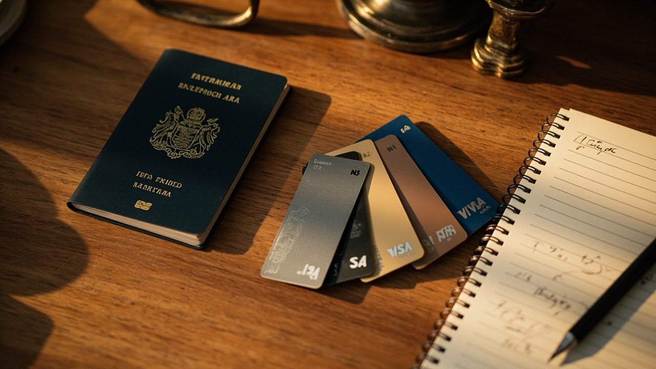 Overhead view of four generic credit and debit cards fanned across a warm wooden desk beside a passport and a notebook