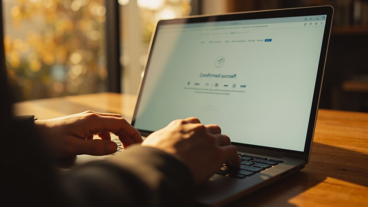 Aussie traveller's hand pressing a generic laptop trackpad with a checkout success state showing on the screen, text not legible