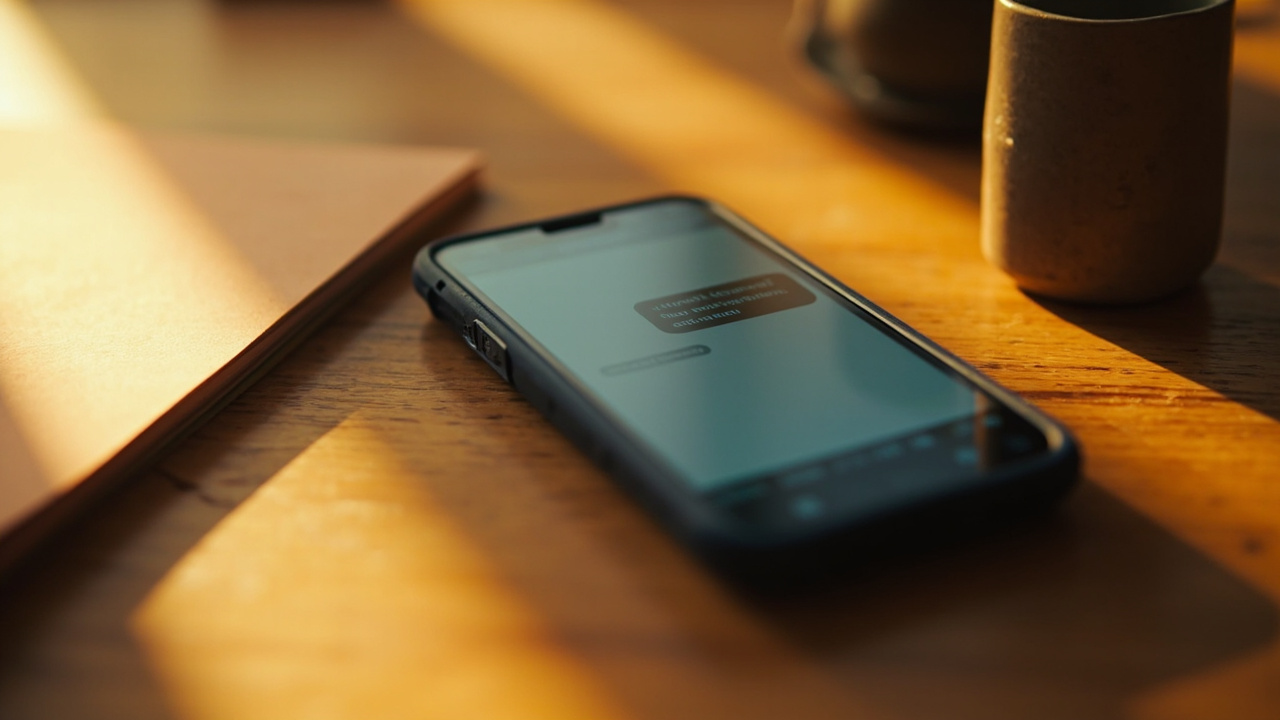 Smartphone on a desk showing a generic SMS verification message with text intentionally not legible, soft warm window light