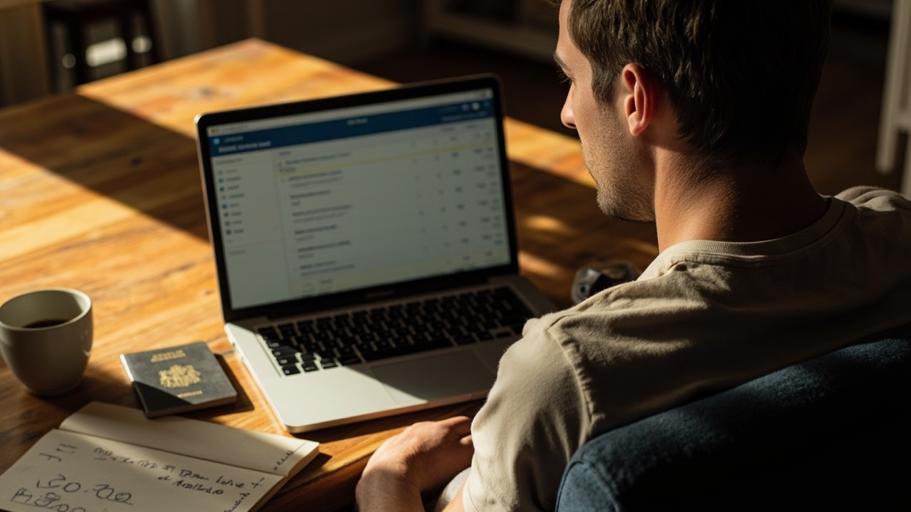 Australian traveller reviewing a generic banking app on a laptop at a warm timber desk, with a closed Australian passport and a neutral matte card beside the keyboard in soft afternoon light