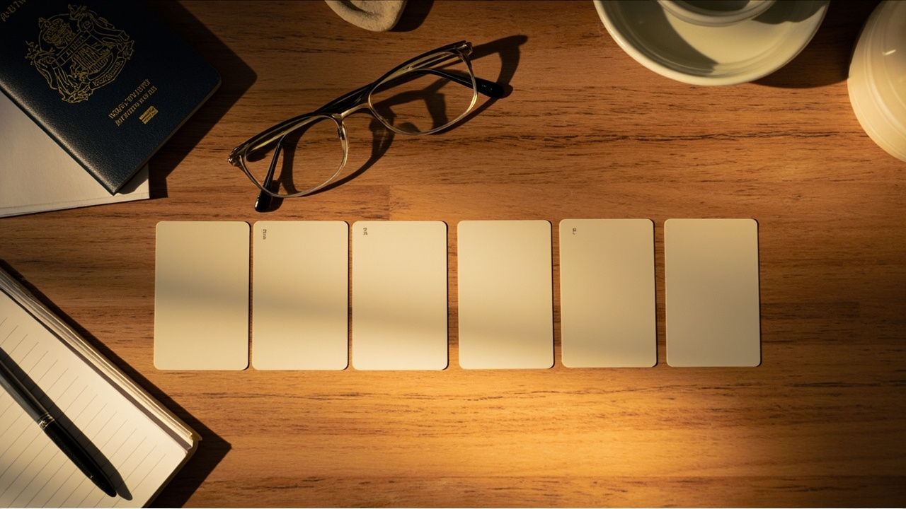 Overhead flat-lay of five neutral matte cards arranged in a soft staggered row on a warm timber desk beside a closed Australian passport