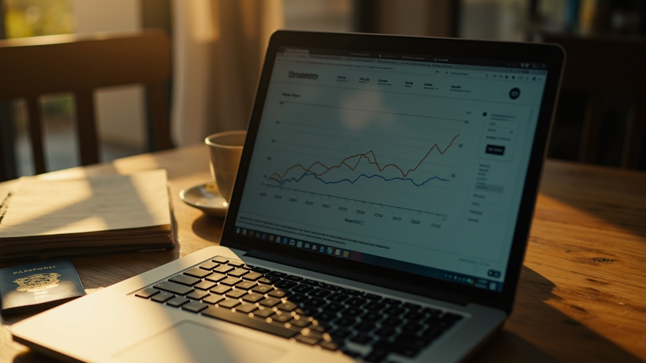 Close-up of a laptop screen showing a generic out-of-focus currency rate chart on a warm timber desk in soft window light