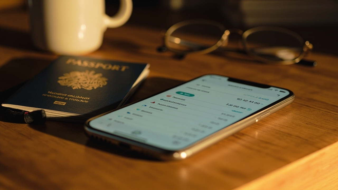 Close-up of a smartphone showing a generic banking transaction list with two adjacent rows separated by a thin divider, resting on a warm timber desk in window light