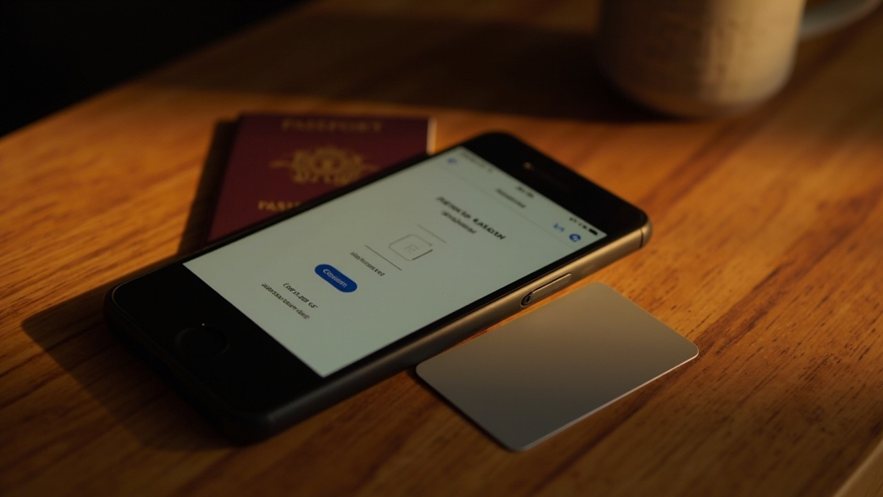 Close-up of a smartphone displaying a generic mobile wallet card setup screen beside a neutral matte card on a warm timber desk