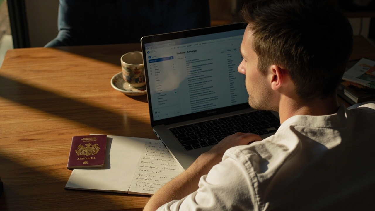 Australian traveller searching a generic email inbox on a laptop at a warm timber desk, with a closed Australian passport and a paper notebook beside the keyboard in soft afternoon light
