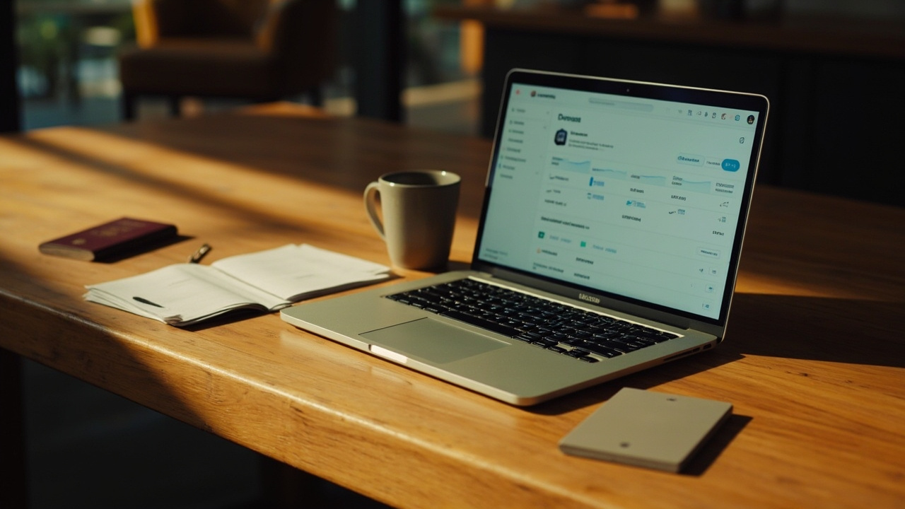 Editorial close-up of a laptop displaying a generic account dashboard with a single horizontal record card, on a warm timber desk in soft afternoon light