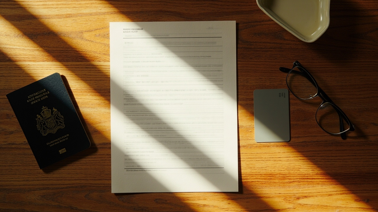 Overhead flat-lay of a freshly printed paper document beside a closed Australian passport and a single neutral matte card on a warm timber desk
