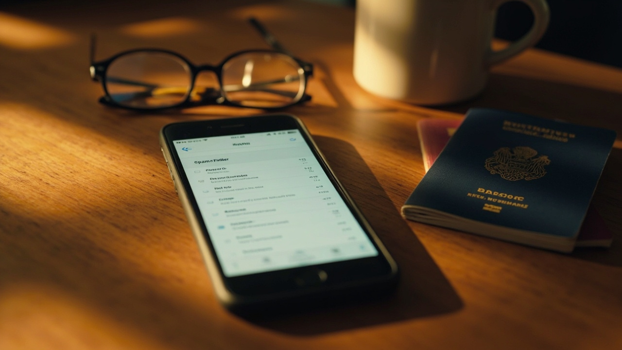 Close-up of a smartphone displaying a generic email spam folder list on a warm timber desk in soft window light