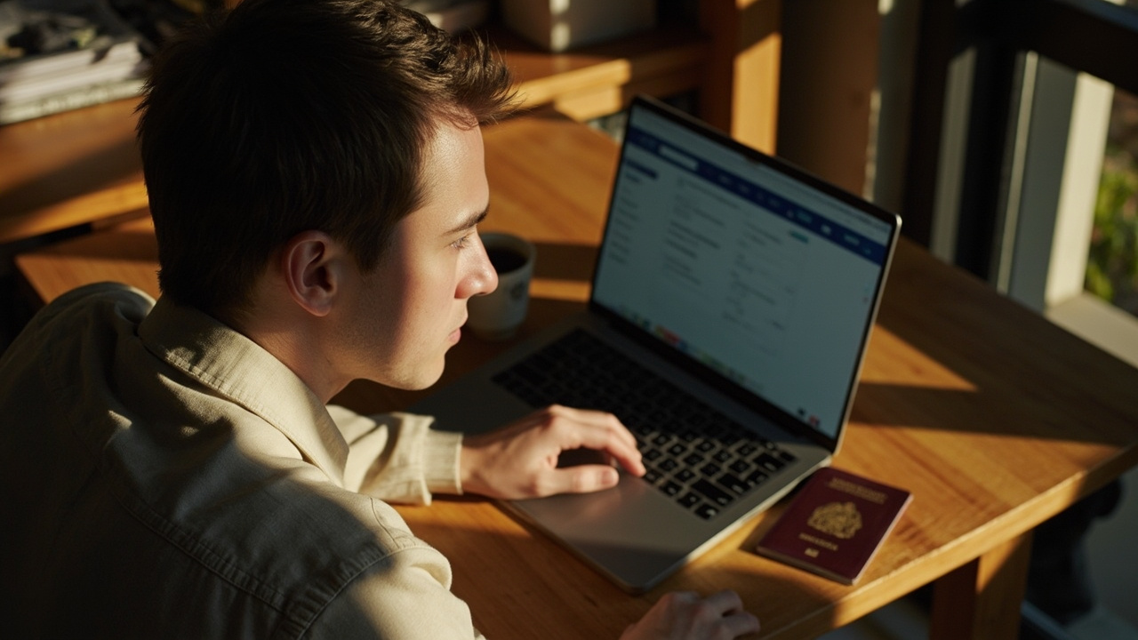 Australian traveller calmly reading a plain-English Cambodia eVisa resubmission email on a laptop at a sunlit Sydney desk