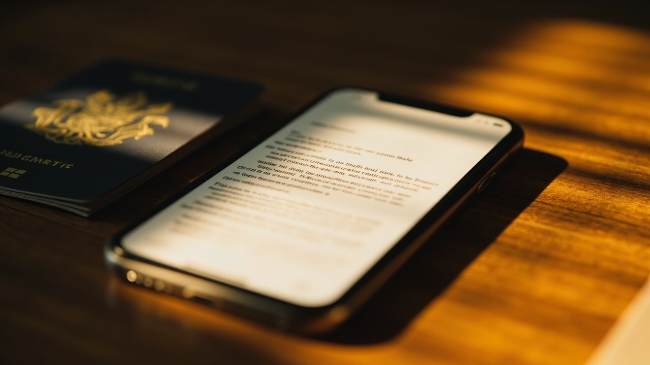 Close-up of a smartphone resting on a timber desk showing a generic PDF approval-letter interface with text not legible
