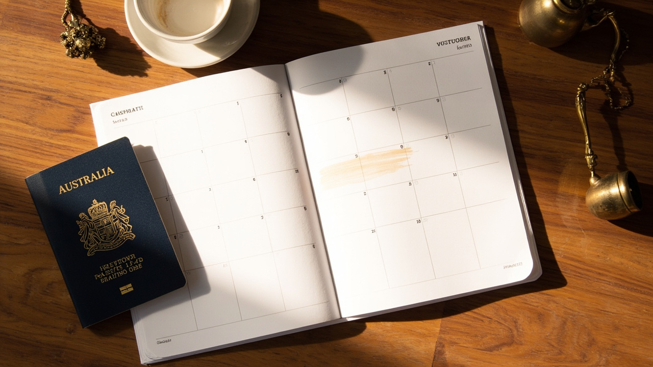 Overhead flat-lay of a wall calendar with two circled dates approximately two days apart, an Australian passport, and a coffee cup