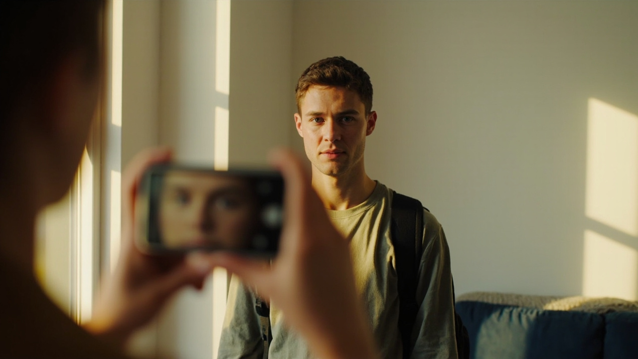 Australian traveller in their 20s standing against a plain white wall being re-photographed by a partner for a corrected eVisa photo
