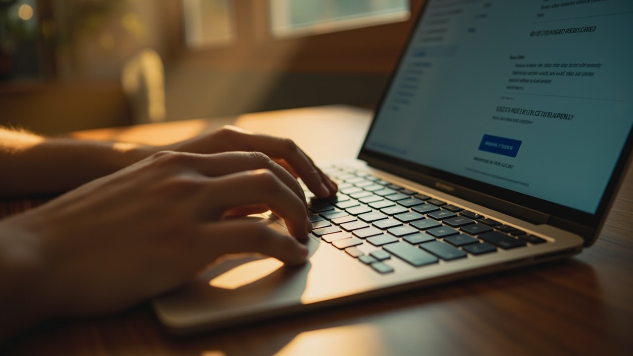 Close-up of an Australian traveller's hand on a laptop trackpad showing a generic secure-upload interface on screen in warm afternoon light