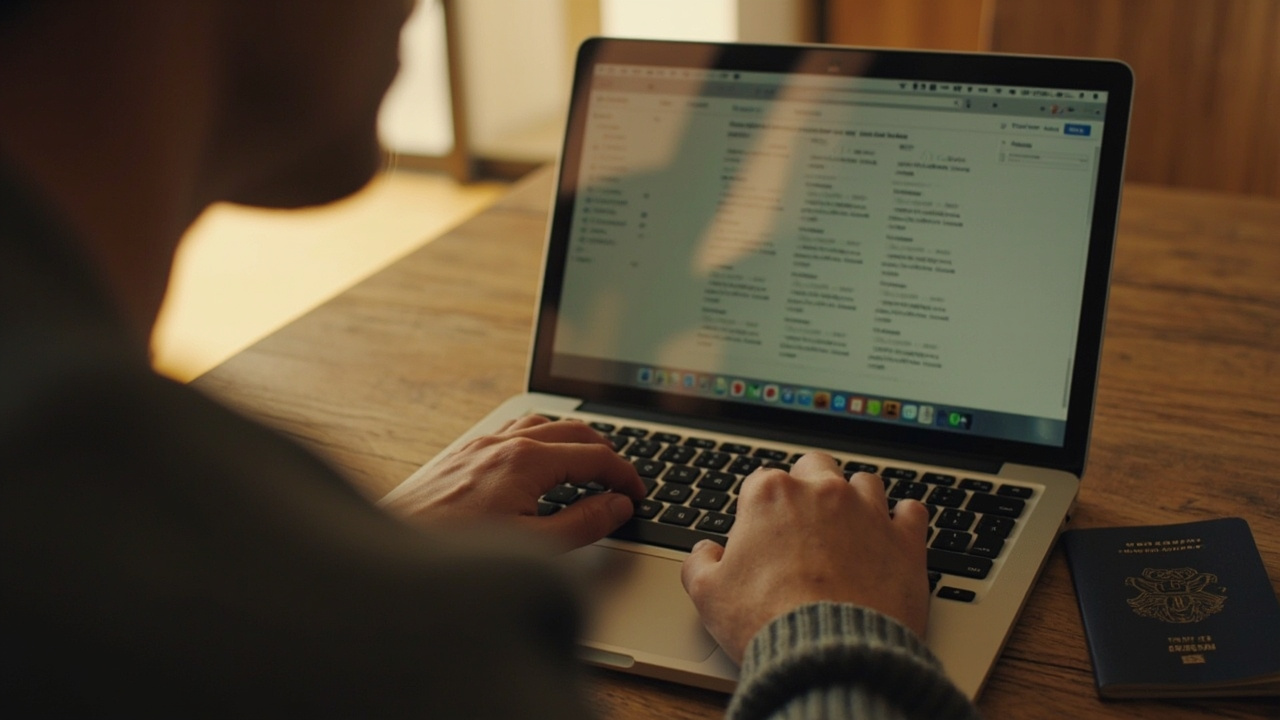 Close-up of an Australian traveller carefully typing on a laptop with an Australian passport open beside it, in warm afternoon light