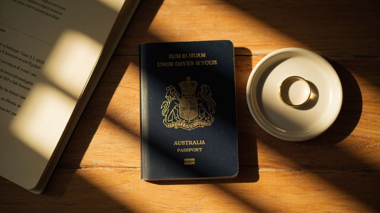 Overhead view of a closed Australian passport beside a soft-focus wedding band resting on a small ceramic dish, on a warm wooden surface in afternoon light