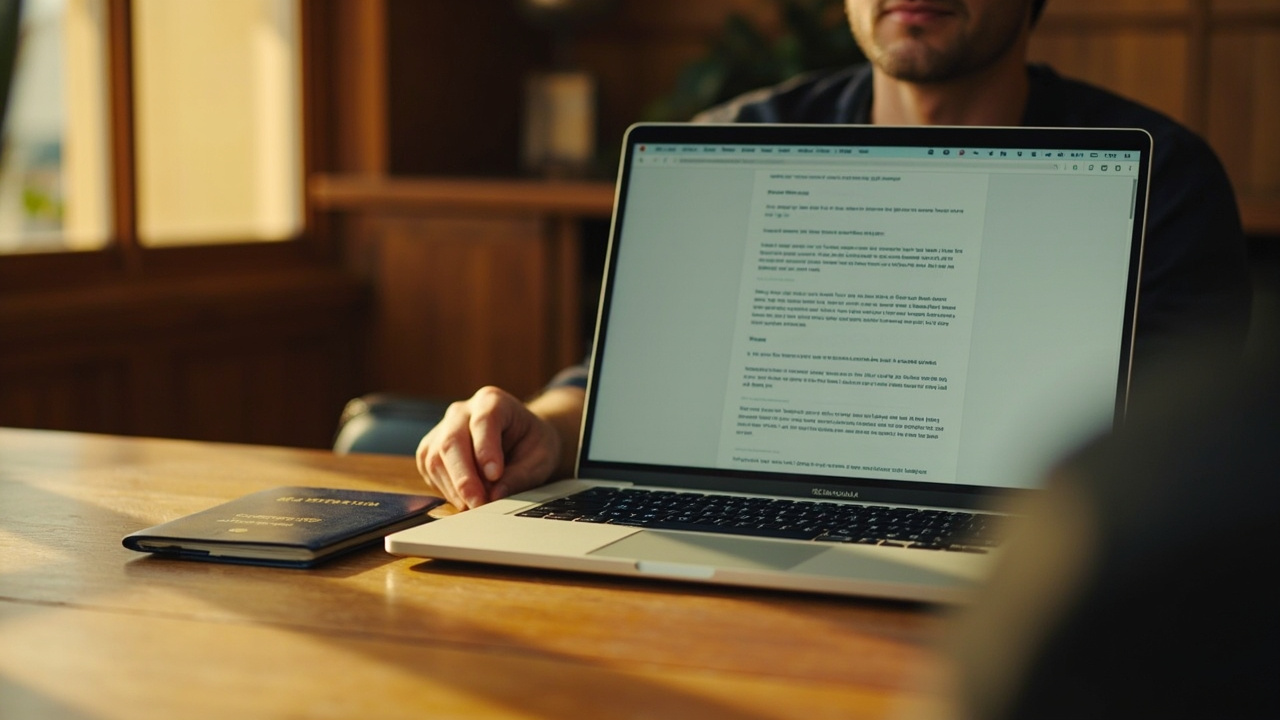 Plain-English resubmission email displayed on a laptop with an Australian traveller in soft focus reading it, in warm afternoon light