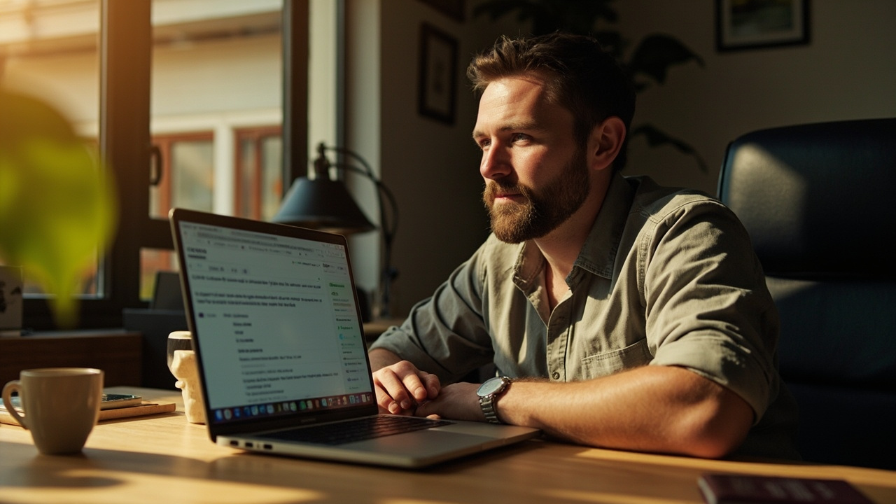 Australian traveller at a sunlit desk reviewing a refund-confirmation email on a laptop with calm composed expression in warm afternoon light