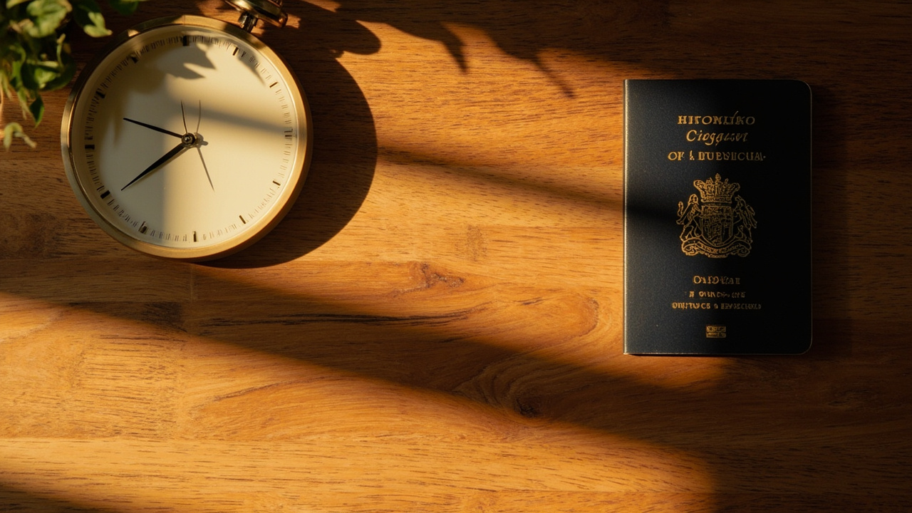 Overhead clock face beside an Australian passport on a warm wooden desk in soft natural light