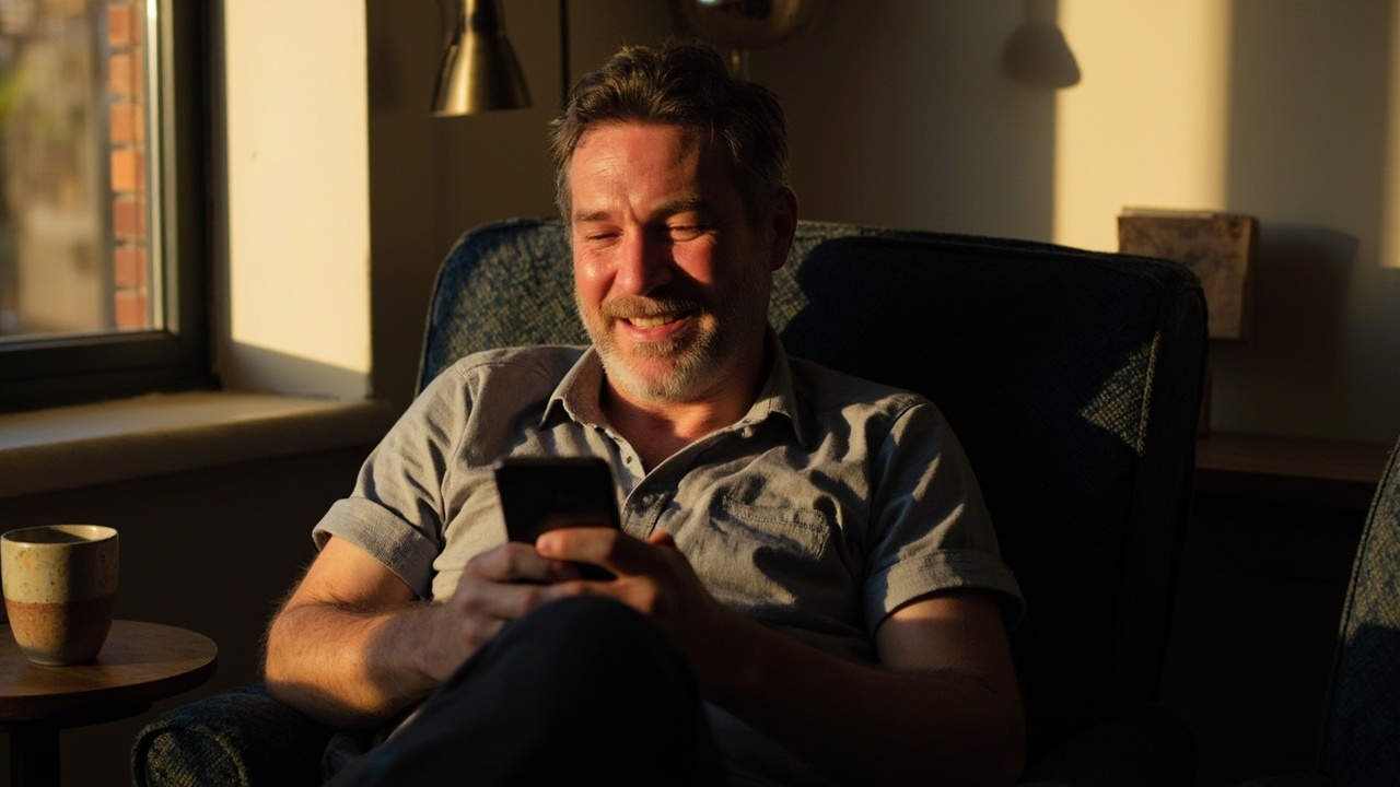 Australian traveller smiling at a smartphone with calm relaxed body language in warm light