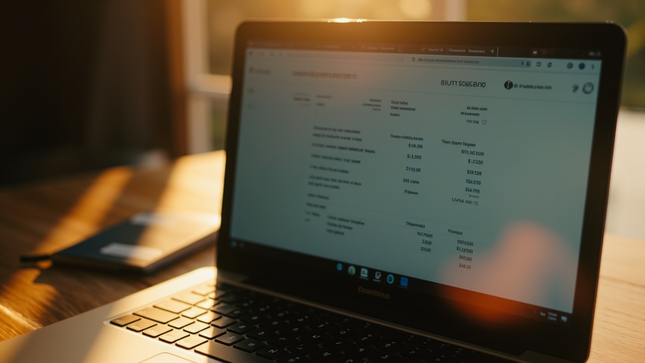 Close-up of a laptop screen showing a generic credit-card statement interface in warm afternoon light