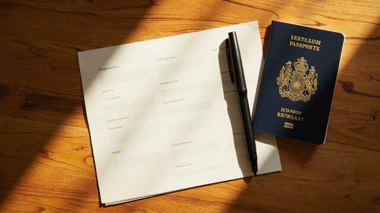 Overhead flat-lay of a generic travel insurance leaflet, an Australian passport, and a pen on a warm wooden desk