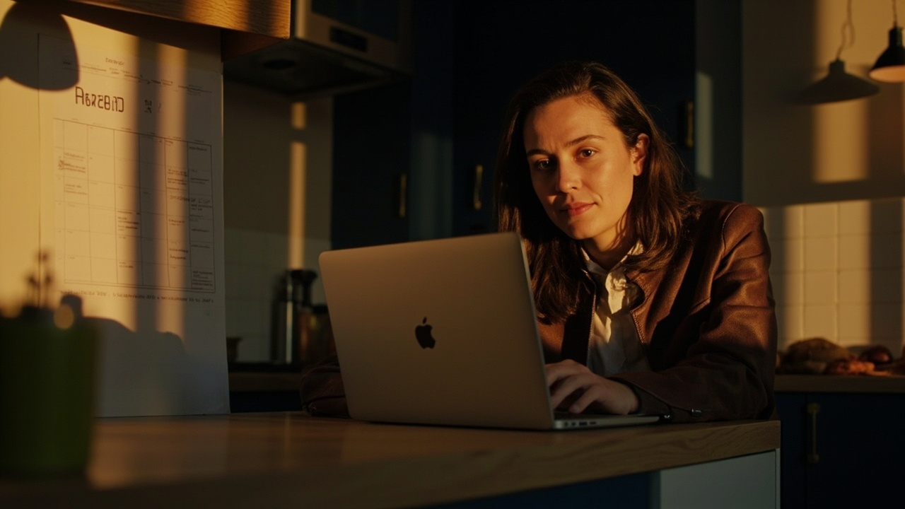 Australian traveller checking a pending Cambodia eVisa status on a laptop at a warmly lit kitchen counter