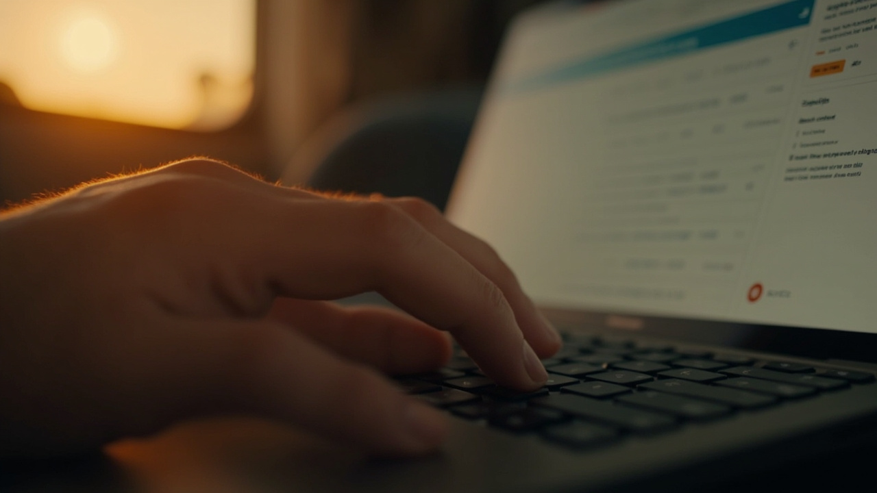 Hands on a laptop showing a generic pending status bar in a sunlit room