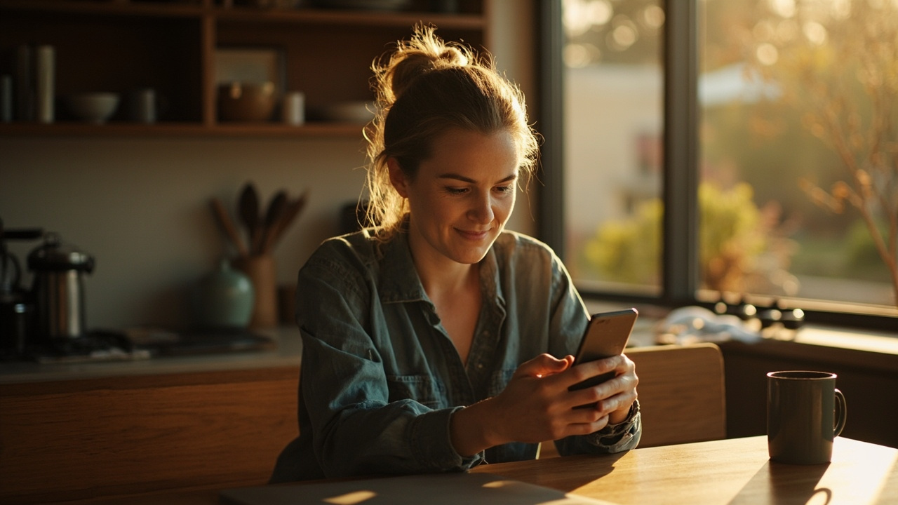 Australian replying to a support email thread on a phone at a kitchen bench