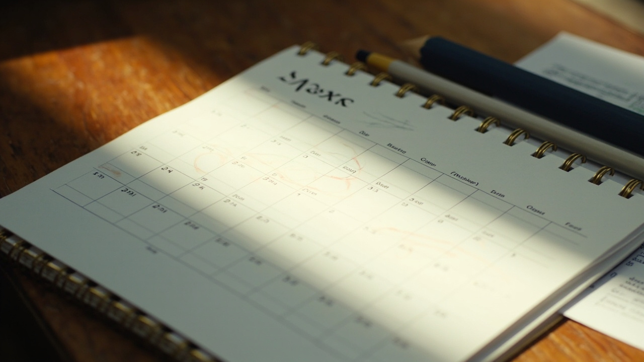 Wall calendar with business days lightly marked in pencil on a warm wooden desk